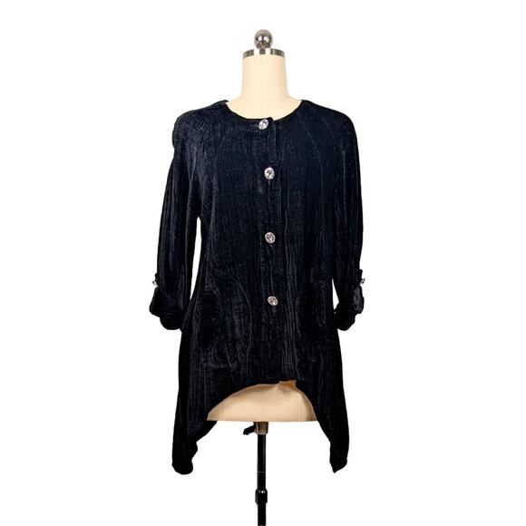Velvet Top M Black Velour Blouse Button Whmsigoth Laggenlook 3/4 Sleeve Flowy - Picture 1 of 11